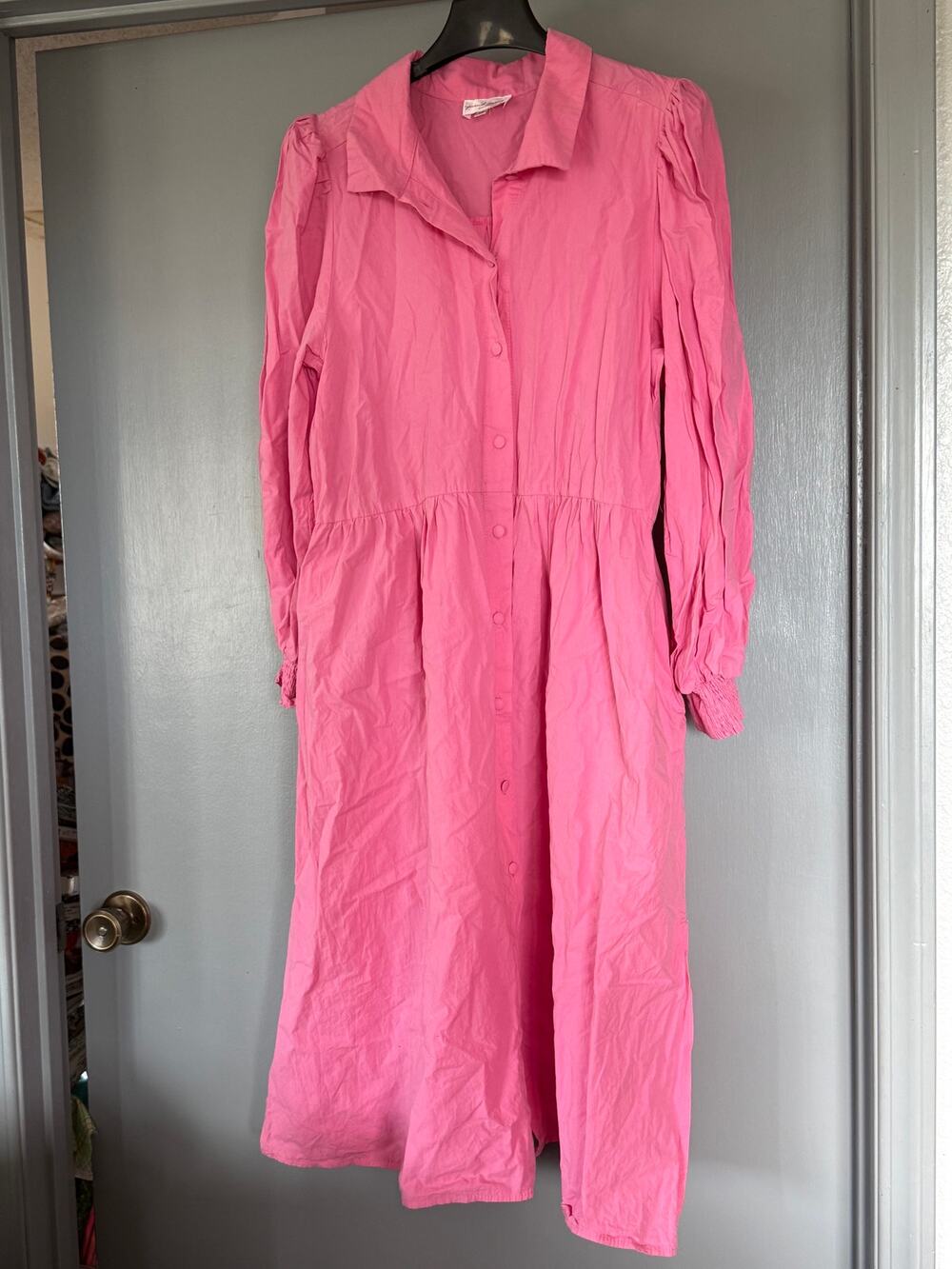Vintage 100% Cotton Pink Button Front Midi Shirt Dress Long Sleeve Pockets sz 16